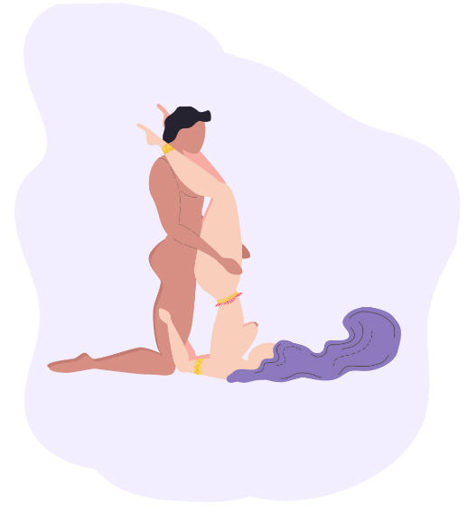 Couple in Kama Sutra Shoulder Stand position — woman balanced on shoulders with legs on partner’s shoulders, showing trust, support, and deep penetration.