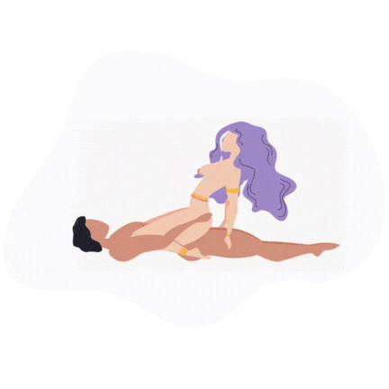 illustration of the woman-on-top position with the woman upright and leaning back slightly, showing body freedom, hip movement, and confidence in the Amazon variation